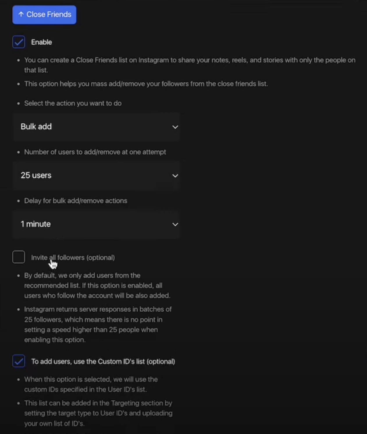 Fanzella Close Friend Settings