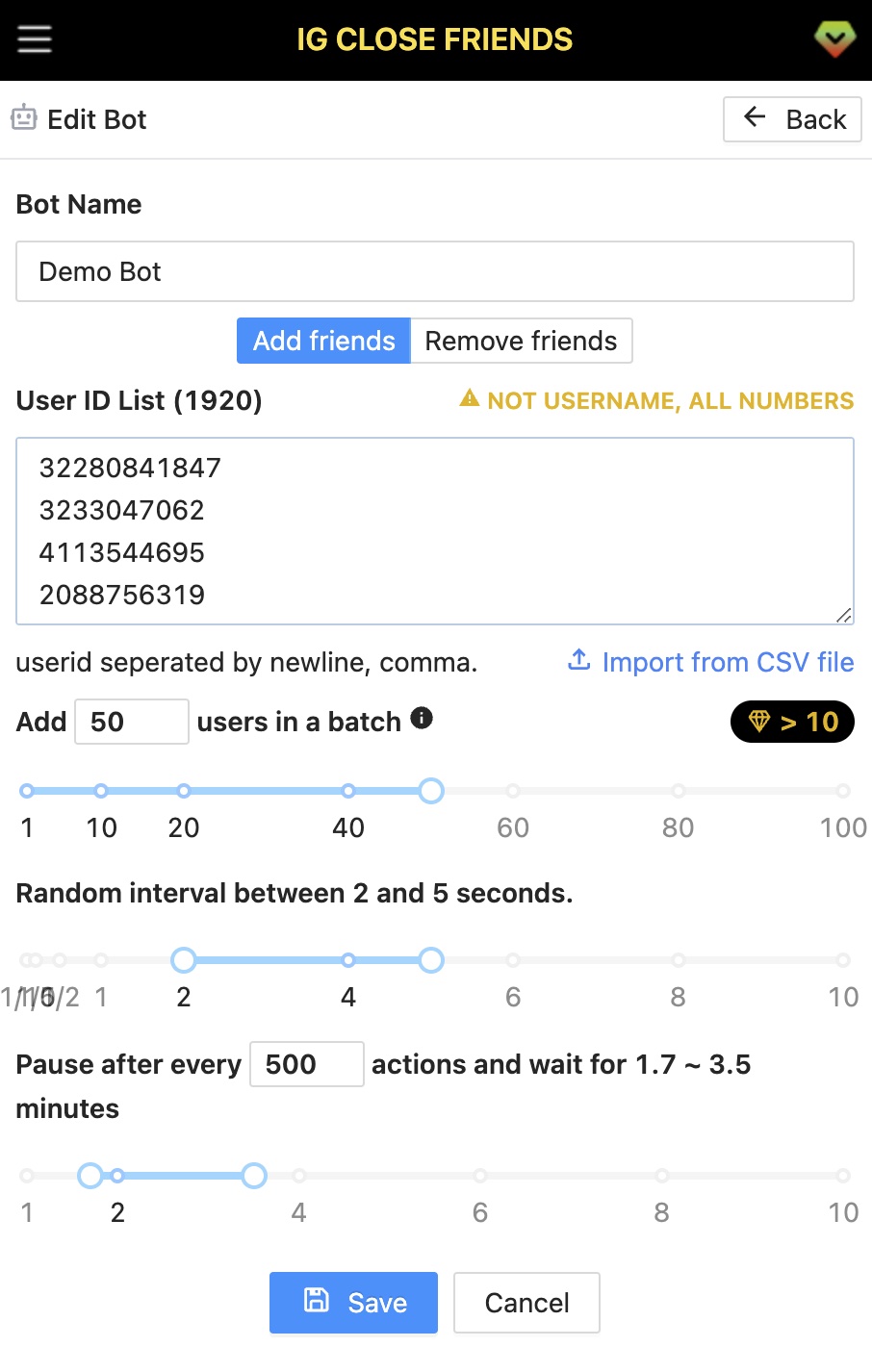 IG Mass Close Friend Bot Config